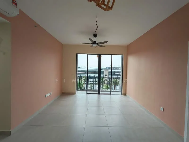 Living features: light peach painted walls, grey tiled flooring, 5-blade ceiling fan, floor-to-ceiling sliding glass door, balcony access, natural light from windows, no visible furniture, neutral decor; style: modern; view: city.