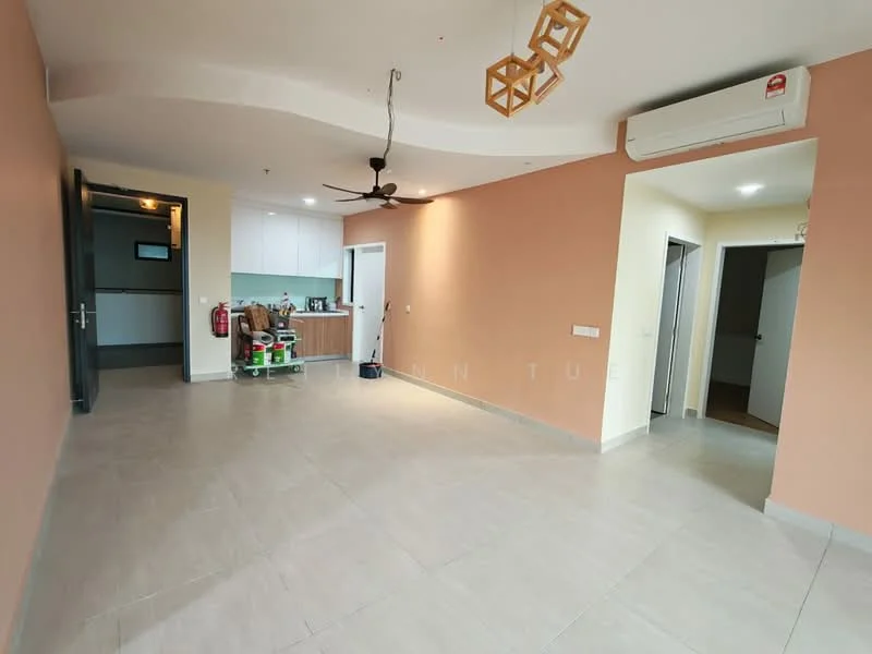 Living features: light beige painted walls, grey tile flooring, 5-blade ceiling fan with light, recessed downlights, open layout to kitchen, doorway leading to hallway, air conditioning unit, decorative pendant light; style: modern. Kitchen features: kitchen island, stainless-steel sink, built-in cabinetry, countertop with bar stools, open shelving, refrigerator, cooking range, exhaust hood; style: modern. Hallway features: doorway leading to bedrooms, light beige painted walls, grey tile flooring.