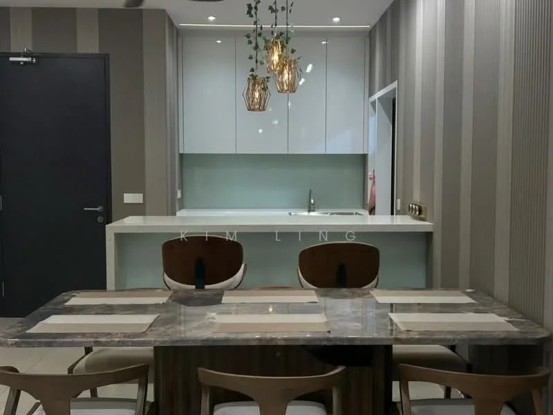 Dining features: marble dining table, 4 dining chairs, pendant lighting with three fixtures, white cabinetry, light green backsplash, wall with vertical stripes, recessed downlights, open kitchen layout, kitchen island, sink, decorative plant hanging; style: modern.