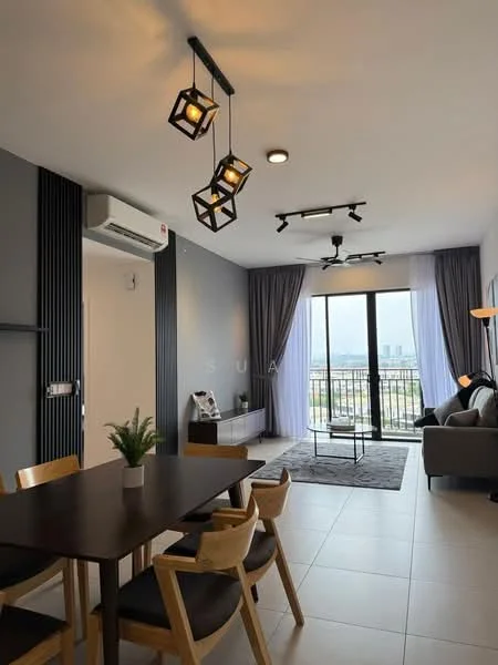 Living features: floor-to-ceiling windows, sliding glass door, grey accent wall, white painted walls, recessed LED downlights, 3-blade ceiling fan, pendant lamp with geometric design, sofa in grey fabric, coffee table, TV console, area rug, dining table with 4 wooden chairs, decorative plant, curtains in light fabric; style: modern; view: city.