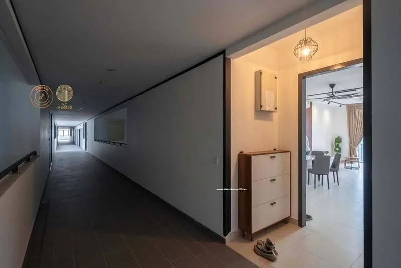 Hallway features: grey tiled flooring, white painted walls, recessed lighting, ceiling light fixture, wall-mounted electrical panel, open doorway leading to another room, handrail along the wall, decorative wall art, sliding door visible at the end of the hallway; style: modern. Dining features: dining table with chairs, ceiling fan, large windows with curtains, light-colored walls, decorative plant, wall-mounted artwork; style: modern.