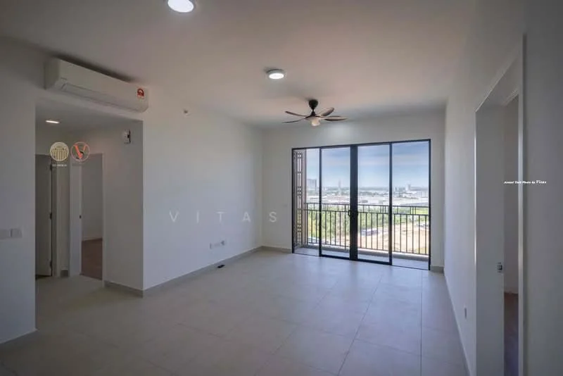Living features: light grey tiled flooring, white painted walls, 5-blade ceiling fan with light, wall-mounted split AC, floor-to-ceiling windows, black sliding glass door, balcony access, natural light from windows, city view, recessed downlights; style: modern; view: city.