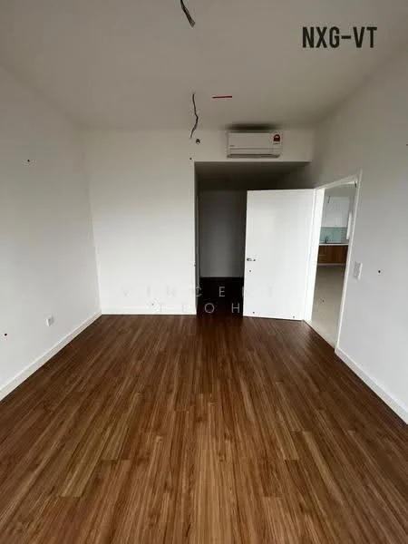 Room features: laminate wood flooring, white painted walls, 1 wall-mounted split AC, door leading to another room, door leading to hallway, ceiling with exposed wiring.