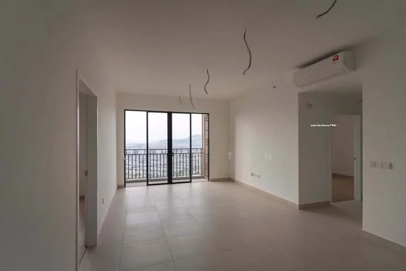 Living features: light beige tiled flooring, white painted walls, floor-to-ceiling windows, sliding glass door, mountain view, 1 wall-mounted split AC, recessed downlights, decorative ceiling features; style: modern; view: mountain.