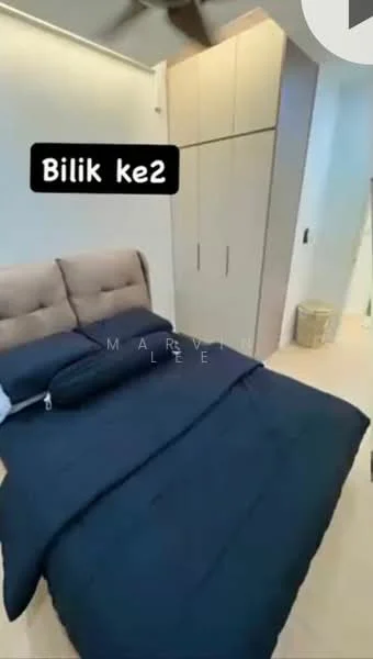 Bedroom features: king-size bed with upholstered headboard, dark blue bedding, built-in wardrobe with sliding doors, wooden flooring, ceiling fan, decorative basket, neutral wall color, natural light from window; style: modern.