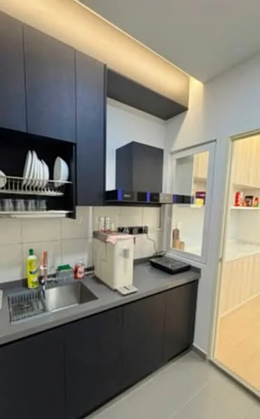 Kitchen features: black cabinetry, stainless-steel sink, chrome faucet, grey countertop, built-in microwave, dish rack with plates, kitchen appliances, tile backsplash, recessed lighting, open shelving, white walls, grey tile flooring; style: modern.