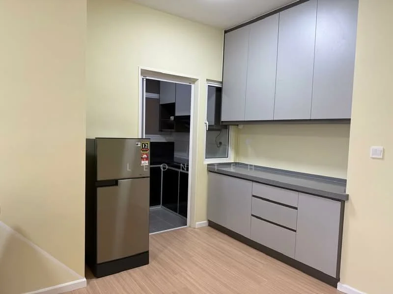 Kitchen features: grey flat-panel cabinets, light grey countertop, stainless-steel fridge, single-bowl stainless-steel sink, chrome pull-down faucet, white painted walls, vinyl plank flooring, window above sink; style: modern.