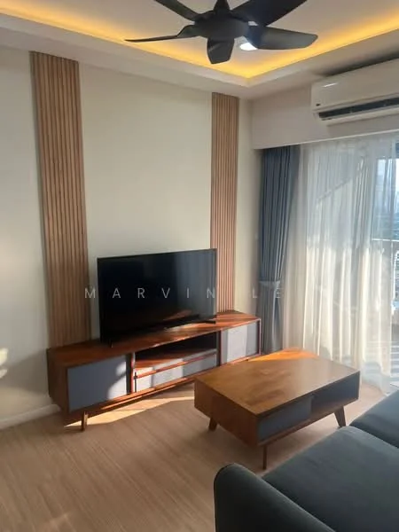 Living features: 3-seater grey fabric sofa, wooden coffee table, TV console with storage, wall-mounted flat-screen TV, wood panel accent wall, recessed ceiling lights, ceiling fan, floor-to-ceiling windows with sheer curtains, light wood flooring, air conditioning unit; style: modern.