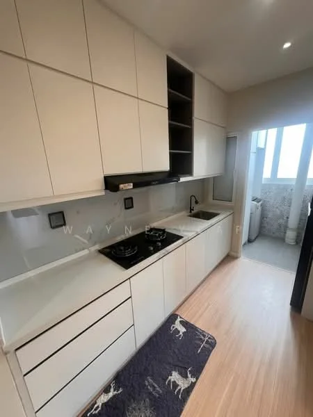 Kitchen features: white flat-panel cabinets, black countertop, stainless-steel sink, chrome pull-down faucet, built-in gas hob, built-in range hood, wall-mounted cabinets, wooden flooring, decorative rug with animal pattern, window with natural light, laundry area visible; style: modern.