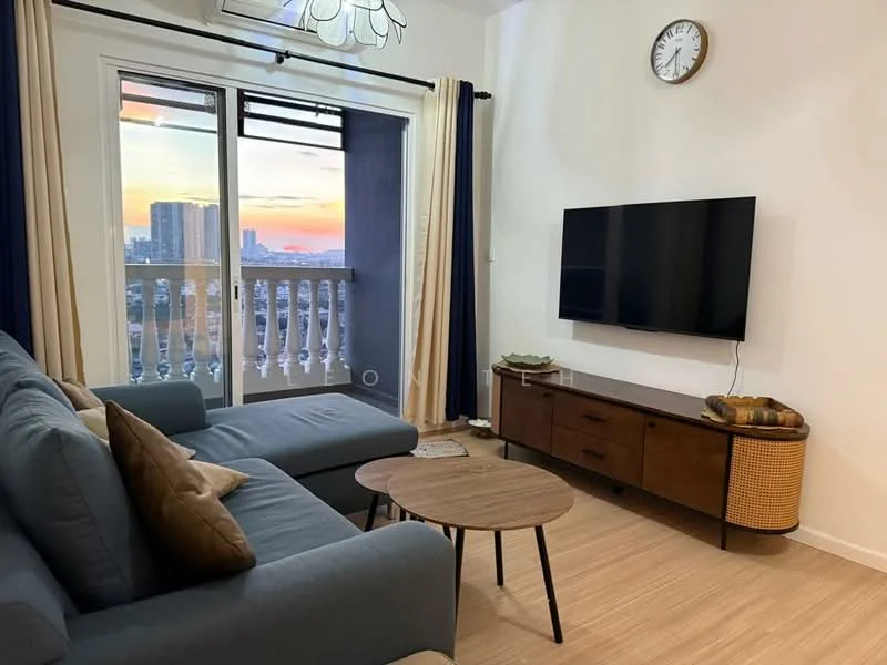Living features: 3-seater fabric sofa in grey, wooden coffee table, TV console, wall-mounted TV, floor-to-ceiling windows, curtains in dark blue, light fixture with multiple bulbs, wooden flooring, decorative bowl on console, clock on wall; style: modern; view: city.