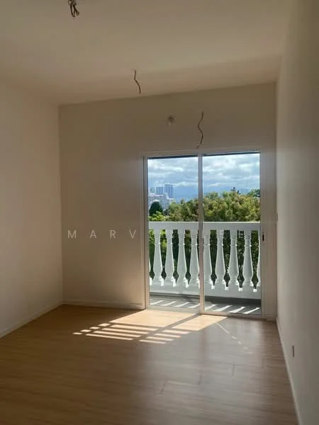 Room features: light wood flooring, white painted walls, sliding glass door, balcony with railing, city skyline view, natural light from window, ceiling light fixture, two visible hanging wires; style: modern; view: city.