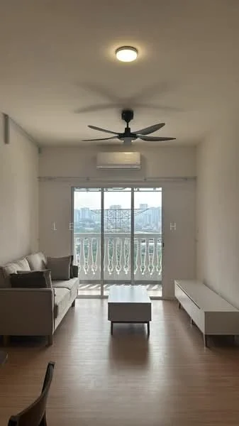 Living features: 3-seater fabric sofa in light grey, coffee table, TV console, floor-to-ceiling windows, sliding glass door, 5-blade ceiling fan with light, wooden flooring, air conditioning unit, balcony view, decorative wall, neutral wall color; style: modern; view: city.