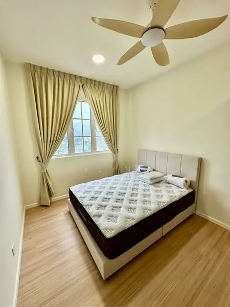 Bedroom features: queen-size bed, upholstered headboard, 2 bedside pillows, wooden flooring, floor-to-ceiling window, sheer curtains, 5-blade ceiling fan, light fixture, neutral painted walls; style: modern.