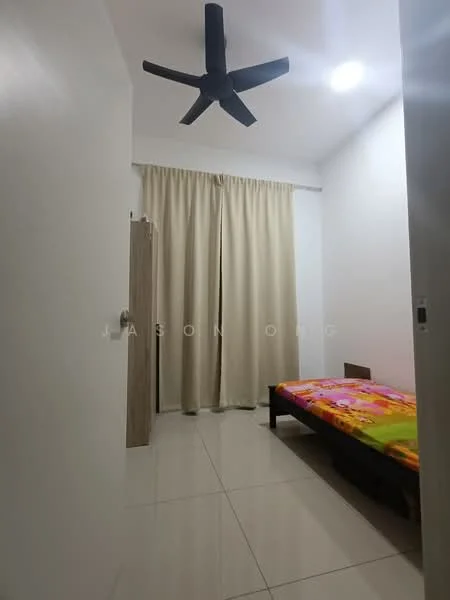 Bedroom features: white painted walls, glossy tile flooring, 5-blade ceiling fan, curtains in beige, single bed with colorful bedding, wooden bed frame, built-in wardrobe, recessed lighting; style: modern.