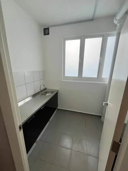 Laundry features: stainless-steel sink, single-bowl stainless-steel sink, grey tiled flooring, white painted walls, window with white frame, metal cabinetry, countertop with stainless-steel surface; style: modern.