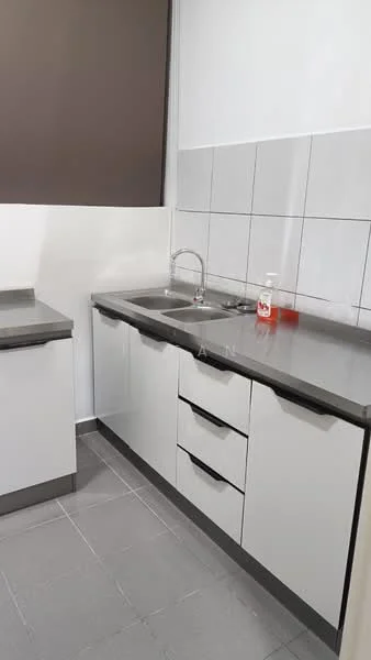 Kitchen features: double-bowl stainless-steel sink, chrome pull-down faucet, grey laminate countertop, white flat-panel cabinets, 3 drawers, 2 cabinet doors, white tiled backsplash, grey ceramic tile flooring; style: modern.
