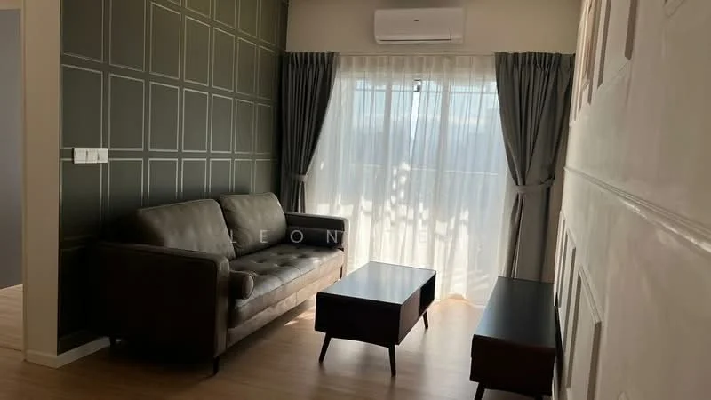 Living features: 3-seater leather sofa in brown, wooden coffee table, floor-to-ceiling windows, sheer curtains, grey accent wall with paneling, light wood flooring, wall-mounted air conditioning unit, decorative wall panels; style: modern; view: city.