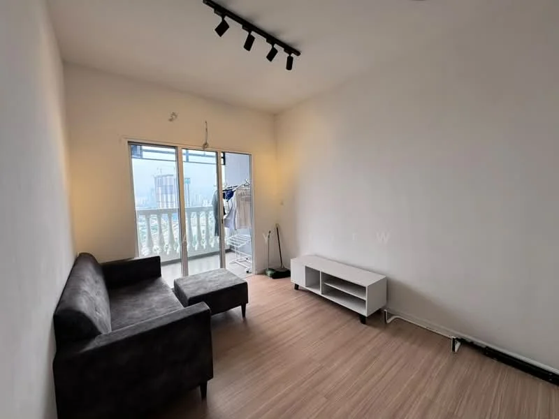 Living features: grey fabric sofa, white TV console, laminate flooring, white painted walls, track lighting, sliding glass door, balcony view; style: modern; view: city.