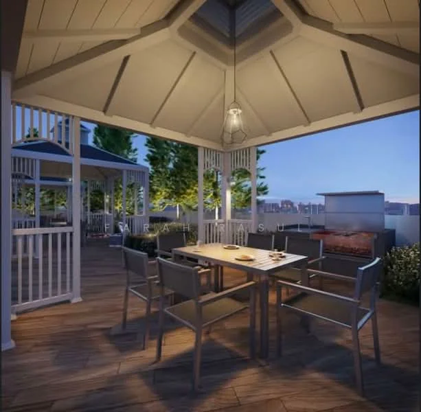 Exterior features: covered gazebo, outdoor dining table, metal dining chairs, grill station, wooden decking, landscaped greenery, ambient lighting, surrounding trees, evening lighting, open-air setting; style: modern.