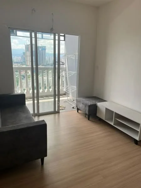 Living features: grey fabric 3-seater sofa, grey fabric ottoman, white TV console, laminate flooring, floor-to-ceiling sliding glass door, city view from balcony, white painted walls, natural light from windows; style: modern; view: city.