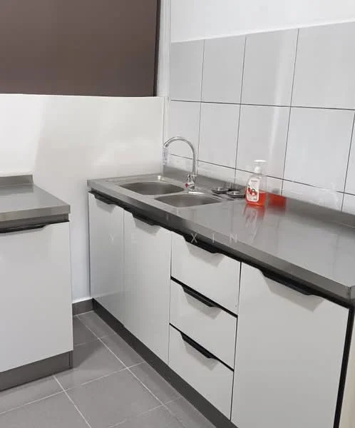 Kitchen features: double-bowl stainless-steel sink, chrome pull-down faucet, grey laminate countertop, white cabinetry with flat-panel doors, black handles on cabinets, grey tiled backsplash, grey floor tiles, wall-mounted soap dispenser; style: modern.