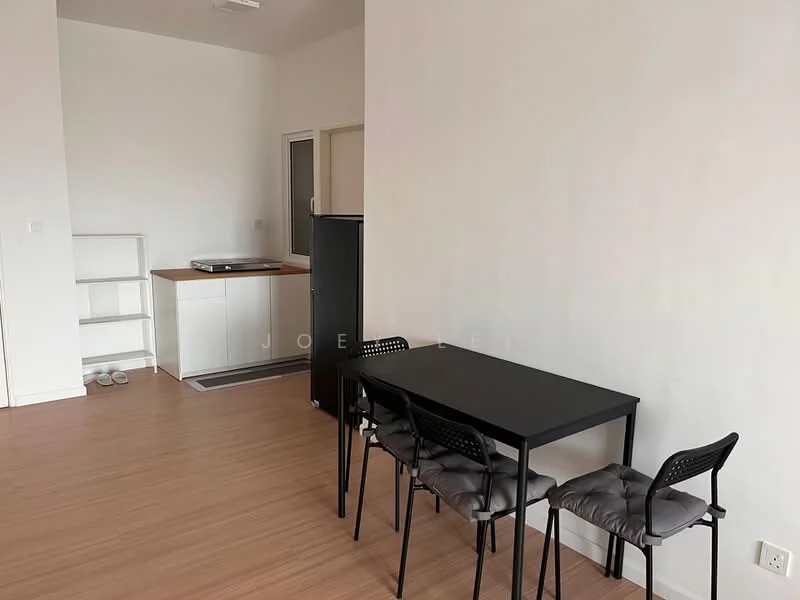 Dining features: black dining table, 4 black dining chairs with cushions, light wood flooring, white painted walls, refrigerator, open kitchen area, kitchen countertop, sliding door to kitchen; style: modern.