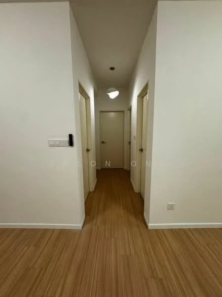 Hallway features: wooden flooring, white painted walls, ceiling light fixture, multiple doorways, neutral color scheme; style: modern.