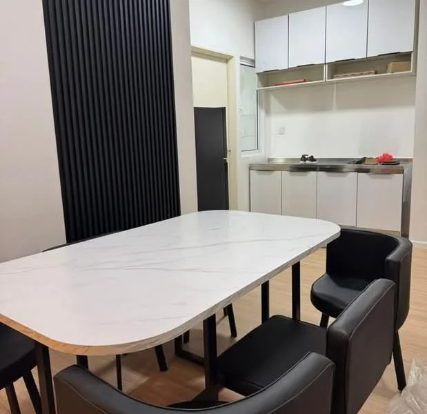 Dining features: marble dining table, black leather dining chairs, white cabinetry, black accent wall, wooden flooring, recessed ceiling lights, open shelving above cabinetry, kitchen area visible in background; style: modern.