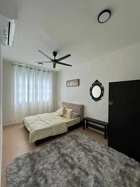 Bedroom features: queen-size bed with upholstered headboard, bedside table, black wardrobe, area rug with fluffy texture, 5-blade ceiling fan, wall-mounted split AC, floor-to-ceiling windows with sheer curtains, decorative mirror, light-colored walls, laminate flooring; style: modern.