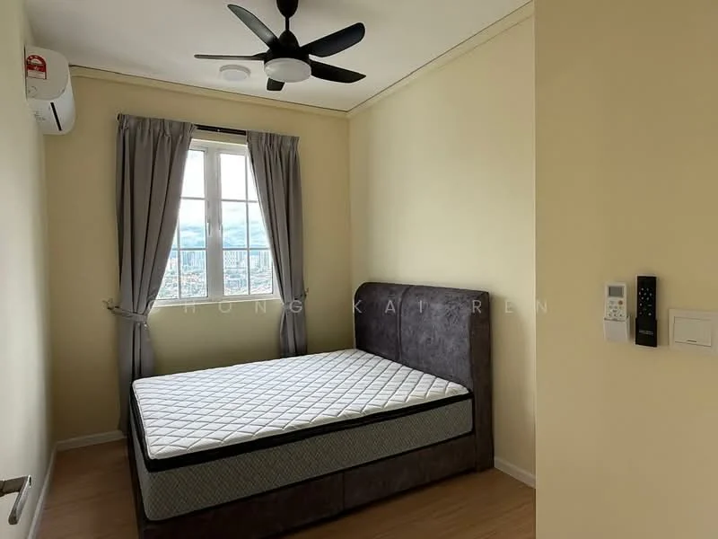 Bedroom features: queen-size bed, upholstered headboard, floor-to-ceiling window, grey curtains, wall-mounted air conditioning unit, light-colored painted walls, laminate flooring, ceiling fan with light, remote control panel, power outlet; style: modern; view: city.