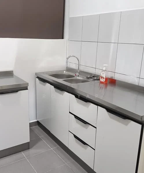 Kitchen features: double-bowl stainless-steel sink, chrome pull-down faucet, grey laminate countertop, white cabinetry with flat-panel doors, black handles on cabinets, grey tiled backsplash, grey floor tiles, wall-mounted soap dispenser; style: modern.
