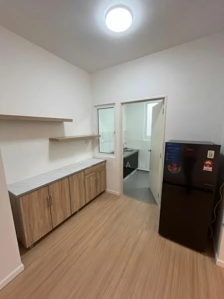 Kitchen features: laminate cabinetry in wood finish, white countertop, open shelving above countertop, black fridge, vinyl plank flooring, recessed ceiling light, window for natural light, doorway leading to another room; style: modern.