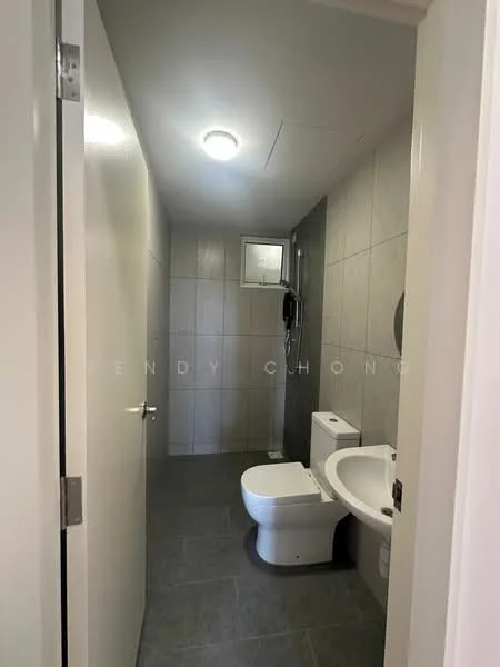 Bathroom features: grey ceramic tile flooring, light grey wall tiles, white toilet, one-piece toilet, white sink, chrome basin mixer, framed mirror, shower area with glass partition, recessed ceiling light, exhaust fan, window for natural light; style: modern.