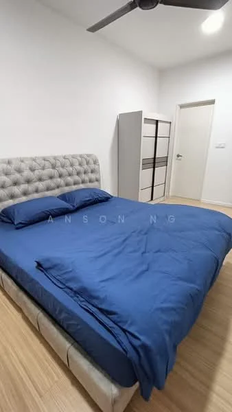 Bedroom features: king-size bed with upholstered headboard, blue bedding, wooden flooring, ceiling fan, built-in wardrobe, white painted walls, door to hallway; style: modern.
