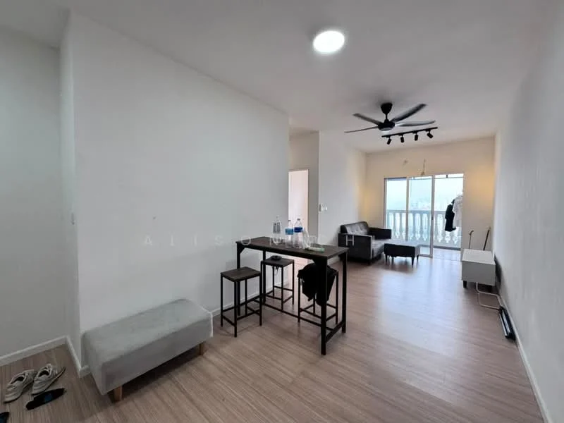Living features: light wood laminate flooring, white painted walls, 5-blade ceiling fan with light, sofa in dark grey, coffee table, 2 bar stools, small bench, floor-to-ceiling sliding glass door, balcony view, recessed lighting; style: modern; view: city.