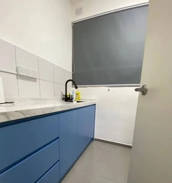Laundry features: blue cabinetry, white marble countertop, single-bowl stainless-steel sink, chrome pull-down faucet, grey tiled flooring, window with roller blind, white tiled walls, electrical outlets; style: modern.