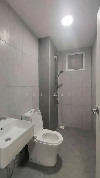 Bathroom features: grey tile walls, light grey tile flooring, walk-in shower with glass enclosure, chrome handheld shower, wall-mounted faucet, one-piece toilet, small window, recessed LED downlight, built-in shower shelf; style: modern.