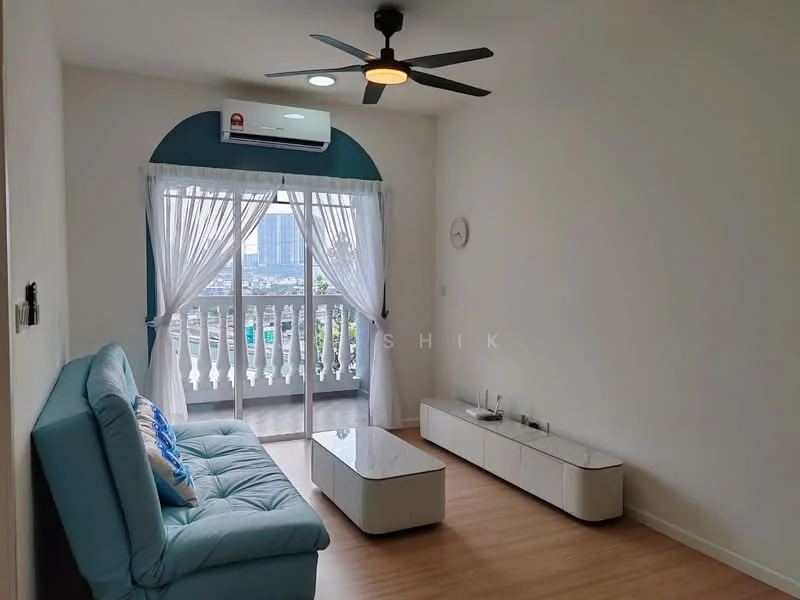 Living features: light blue fabric sofa, white coffee table, white TV console, 5-blade ceiling fan with light, floor-to-ceiling sliding glass door, sheer curtains, wood laminate flooring, wall-mounted air conditioning unit, decorative wall clock; style: modern; view: city.