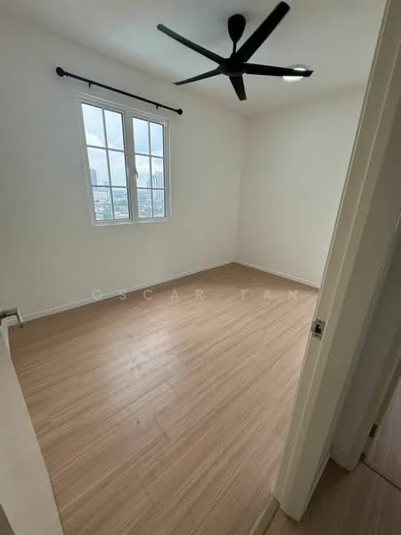 Room features: light wood laminate flooring, white painted walls, sloped ceiling, 5-blade ceiling fan, two windows with city view, black curtain rod, window treatments not visible, no visible furniture or decor; style: modern; view: city.