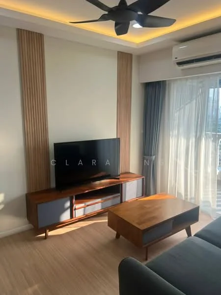 Living features: 3-seater fabric sofa in grey, wooden coffee table, TV console with storage, wall-mounted TV, floor-to-ceiling windows, sheer curtains, recessed LED downlights, ceiling fan with light, wood panel accent wall, light wood flooring, air conditioning unit; style: modern; view: city.