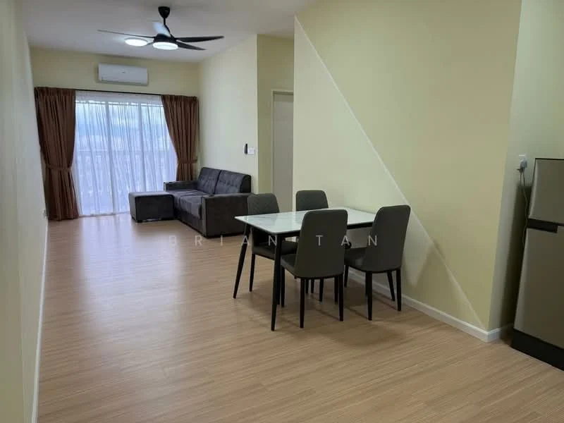 Living features: light wood laminate flooring, cream painted walls, 5-blade ceiling fan with light, sofa in dark grey fabric, dining table with white top, 4 upholstered dining chairs in grey, floor-to-ceiling windows with sheer curtains, air conditioning unit on wall; style: modern.