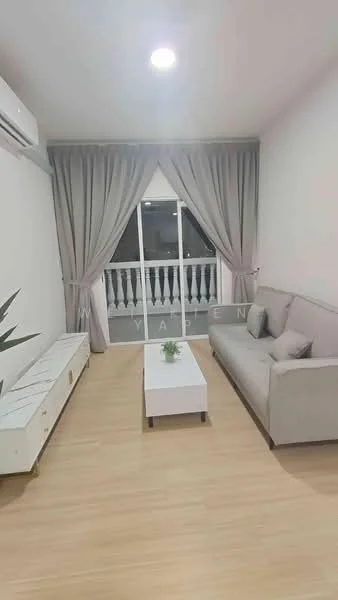 Living features: light wood laminate flooring, white painted walls, 5-blade ceiling fan with light, floor-to-ceiling windows, sheer curtains, grey fabric sofa, white coffee table, white TV console, indoor plant in ceramic pot, balcony view; style: modern; view: balcony.