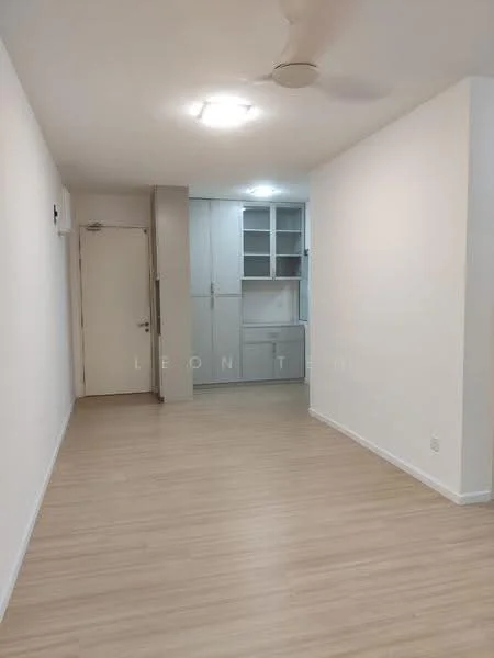 Room features: light wood laminate flooring, white painted walls, ceiling light fixture, ceiling fan, door leading to another room, built-in cabinetry, open layout, neutral color scheme; style: modern.