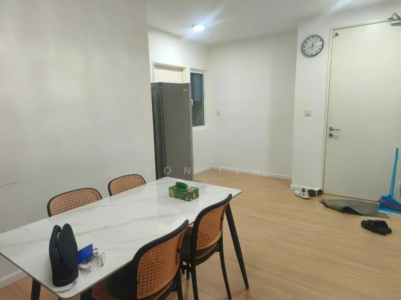 Dining features: white marble dining table, 4 black dining chairs with rattan backs, light wood flooring, wall clock, refrigerator, white painted walls, window with natural light, door leading outside; style: modern.