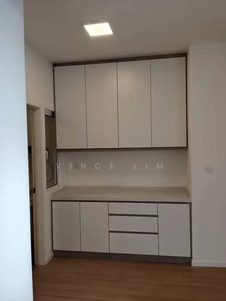 Kitchen features: white cabinetry with flat-panel doors, grey countertop, built-in oven, single-bowl stainless-steel sink, chrome pull-down faucet, drawer storage, open shelving, wood laminate flooring, recessed ceiling lights; style: modern.