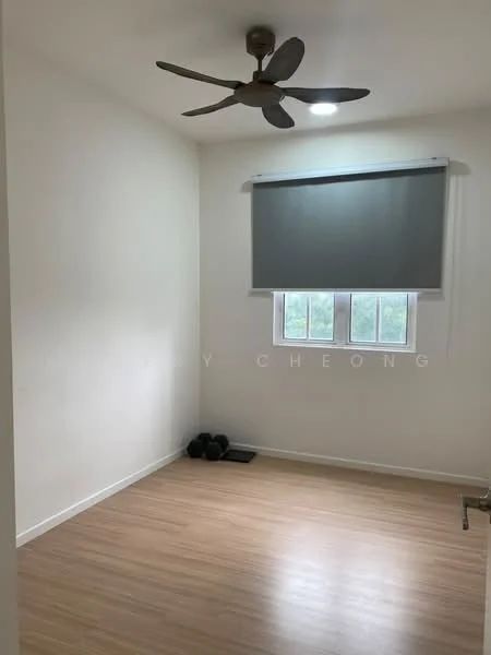 Room features: light wood laminate flooring, white painted walls, 5-blade ceiling fan with light, roller blinds, two casement windows, exercise equipment on floor.