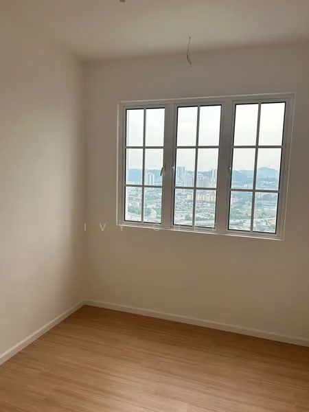 Room features: white painted walls, laminate flooring, floor-to-ceiling windows, city view; view: city.