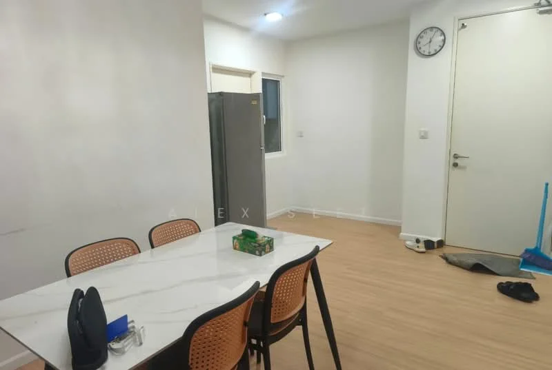 Dining features: white marble dining table, 4 black metal dining chairs, stainless-steel fridge, light wood flooring, white painted walls, wall clock, window with white frame, door with silver handle; style: modern.