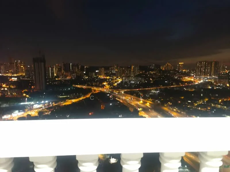 Exterior features: city skyline view, nighttime lighting, high-rise buildings, busy road, urban landscape, illuminated streets; style: modern.