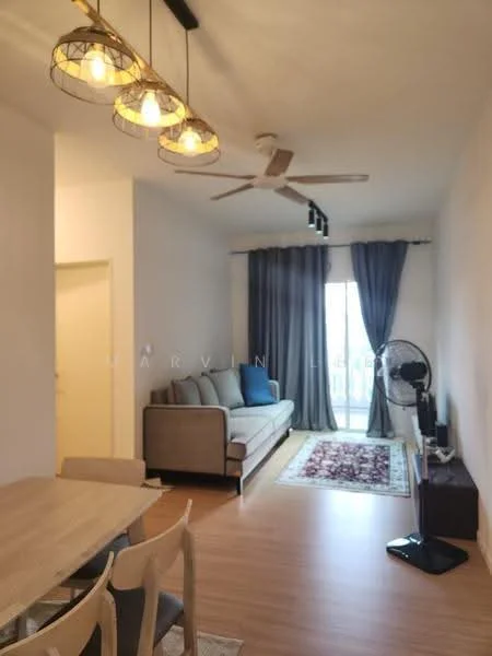 Living features: 3-seater fabric sofa in beige, area rug with geometric pattern, wooden dining table for 4, 4 dining chairs, wall-mounted TV, TV console, 5-blade ceiling fan, recessed downlights, floor-to-ceiling curtains in grey, sliding glass door leading to balcony, decorative wall art, wooden flooring; style: modern.
